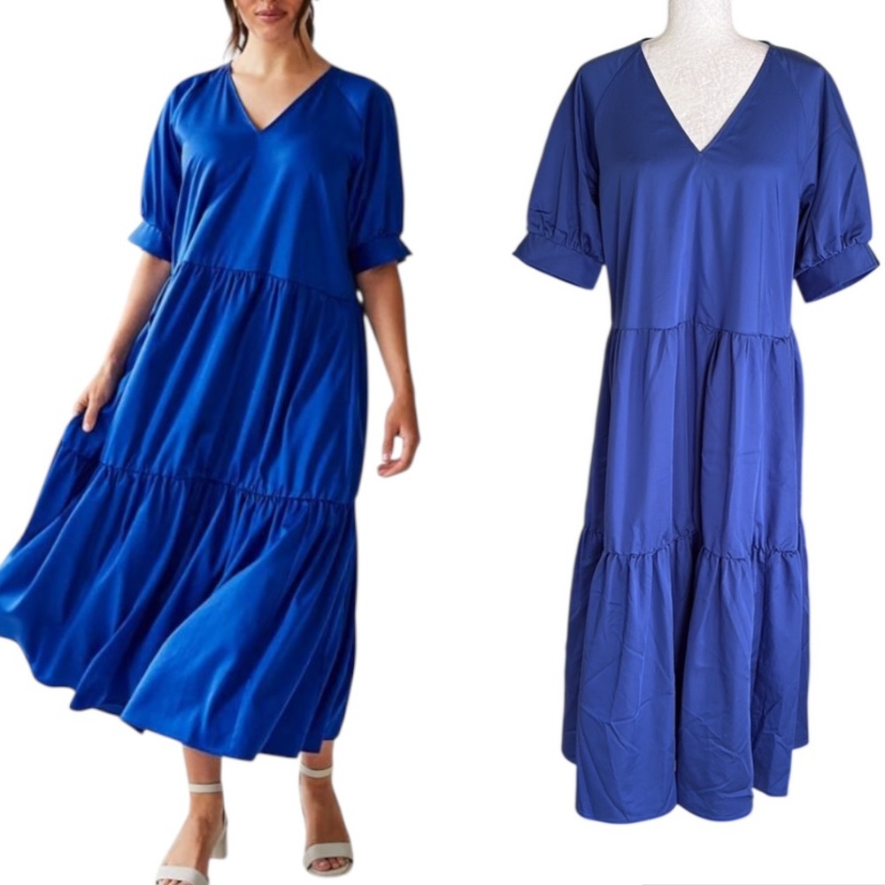 BRASS The Summer Blue Gathered Tiered A-Line V-Neck Maxi Dress - S